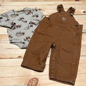 ☃️ EUC - Carhartt Flannel Lined Overalls and Long Sleeve Onesie!